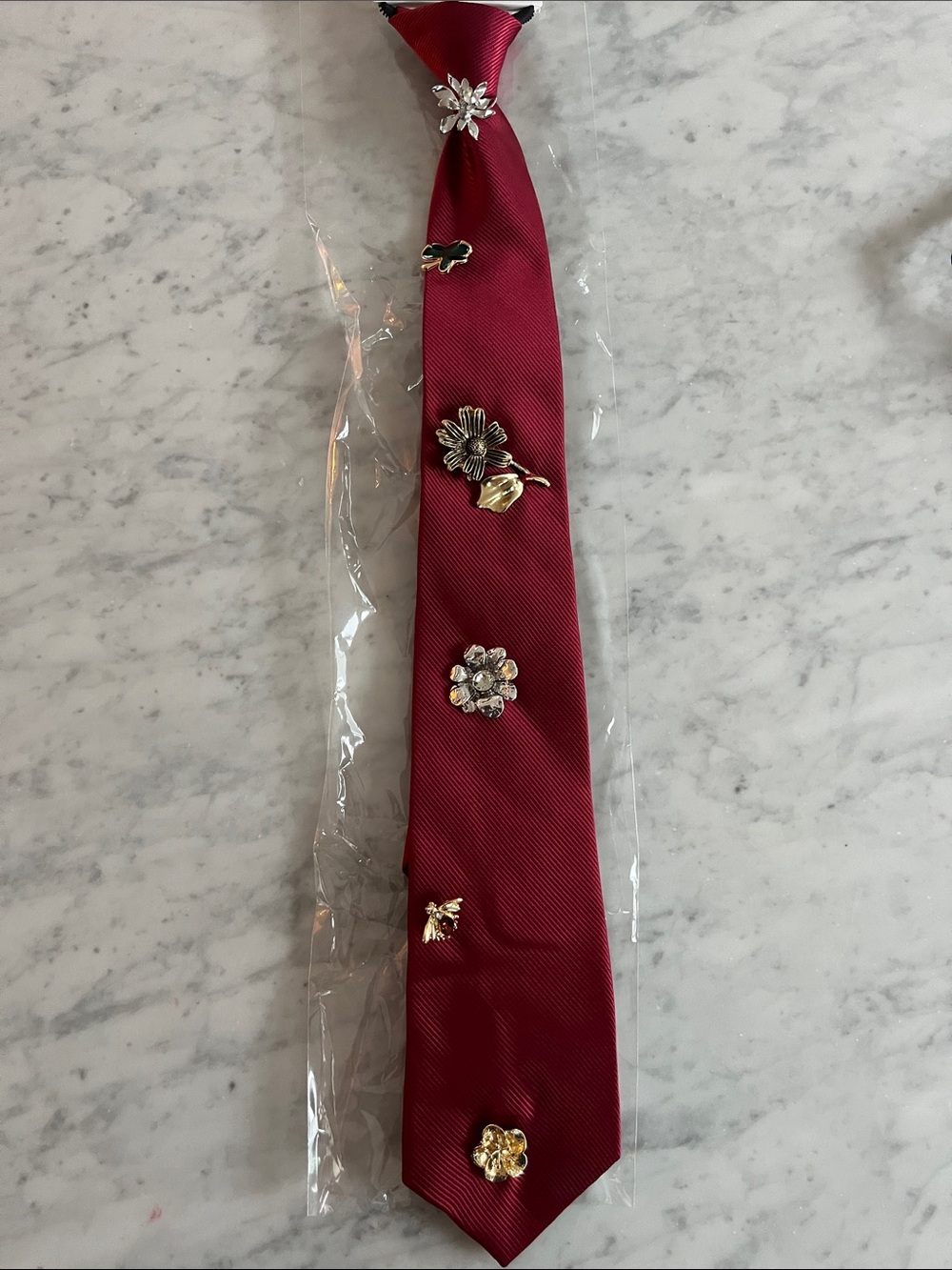 Women's Embellished Red Neck Tie with Floral Pins